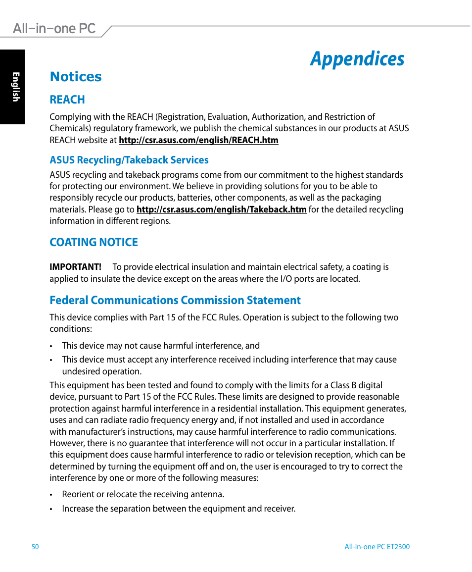 Appendices, Notices, Reach | Coating notice, Federal communications commission statement | Asus ET2300IUTI User Manual | Page 50 / 56