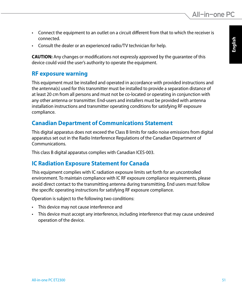 Rf exposure warning, Canadian department of communications statement, Ic radiation exposure statement for canada | Asus ET2300IUTI User Manual | Page 51 / 56