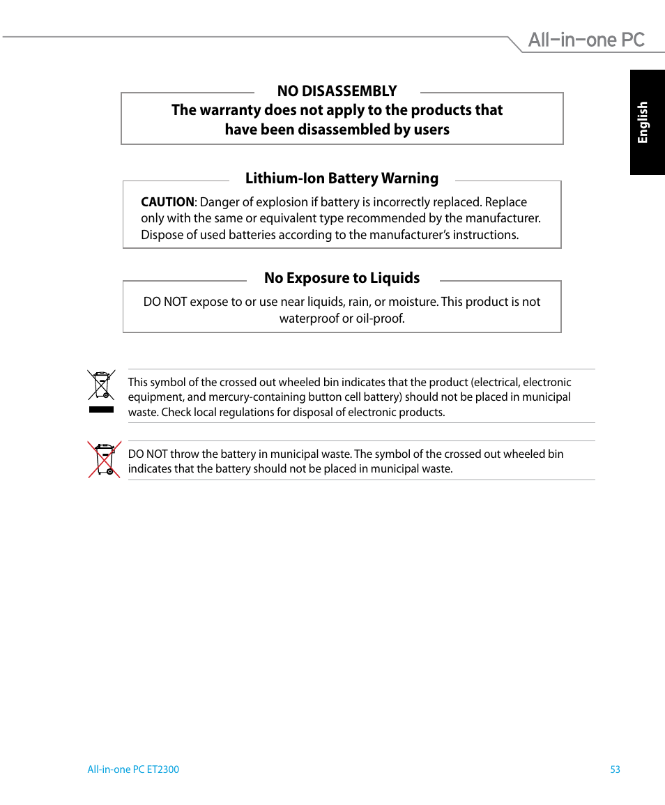 No exposure to liquids | Asus ET2300IUTI User Manual | Page 53 / 56