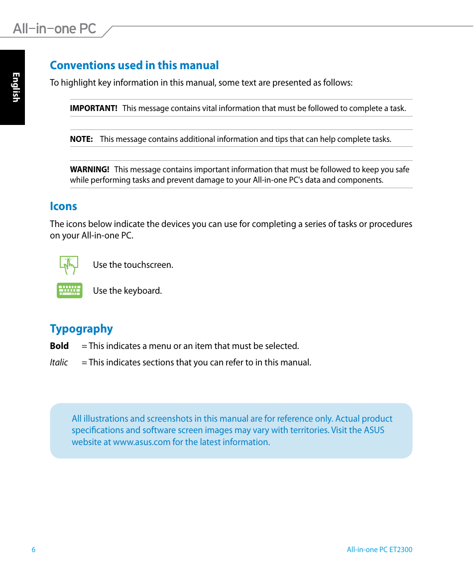 Conventions used in this manual, Icons, Typography | Conventions used in this manual icons typography | Asus ET2300IUTI User Manual | Page 6 / 56