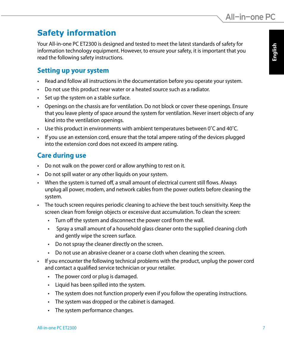 Safety information, Setting up your system, Care during use | Setting up your system care during use | Asus ET2300IUTI User Manual | Page 7 / 56