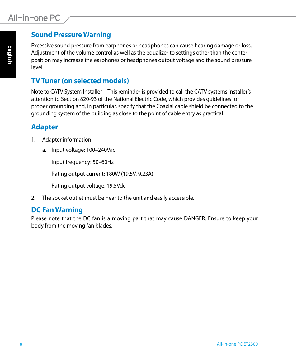 Sound pressure warning, Tv tuner (on selected models), Adapter | Dc fan warning | Asus ET2300IUTI User Manual | Page 8 / 56