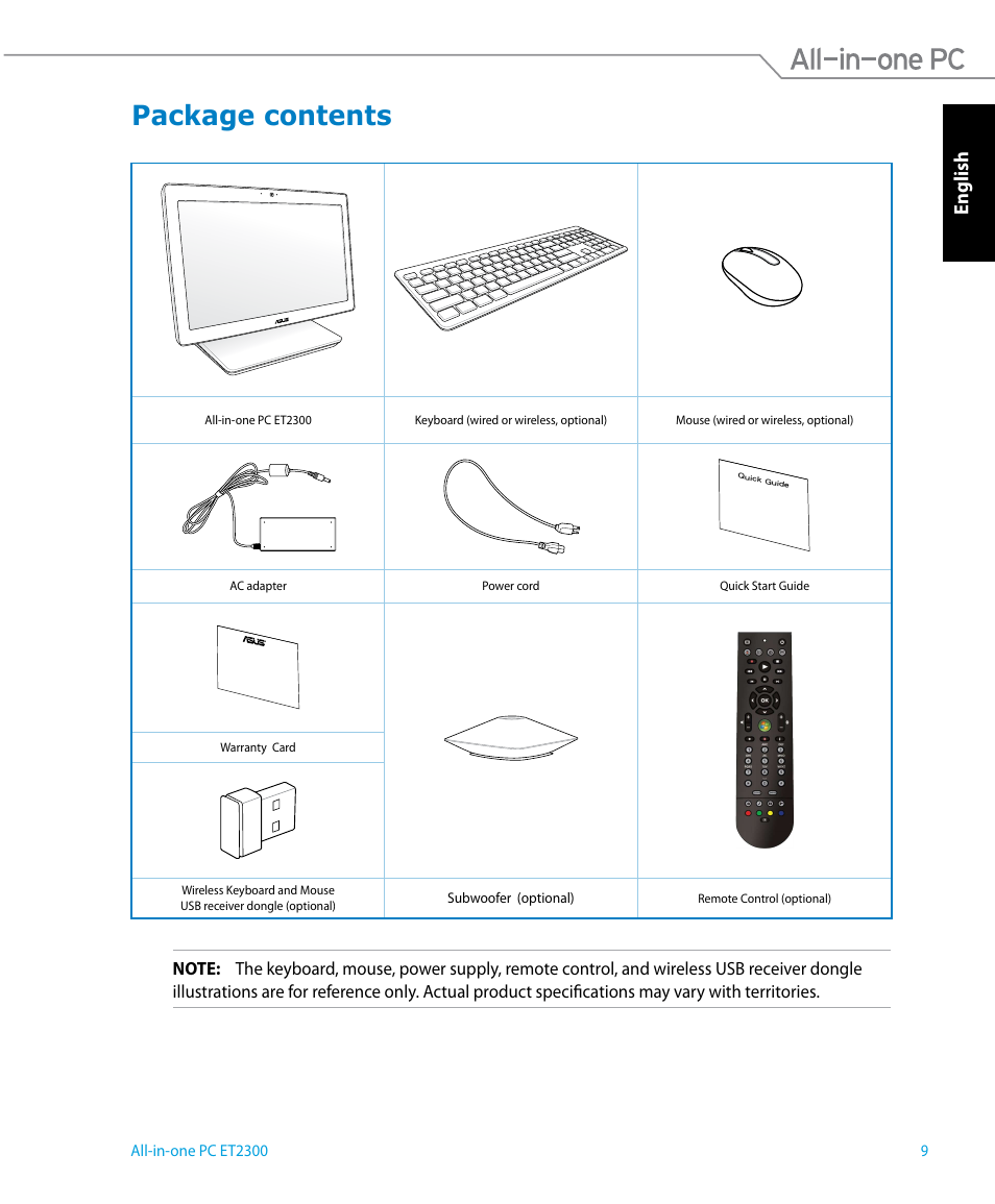 Package contents, English | Asus ET2300IUTI User Manual | Page 9 / 56