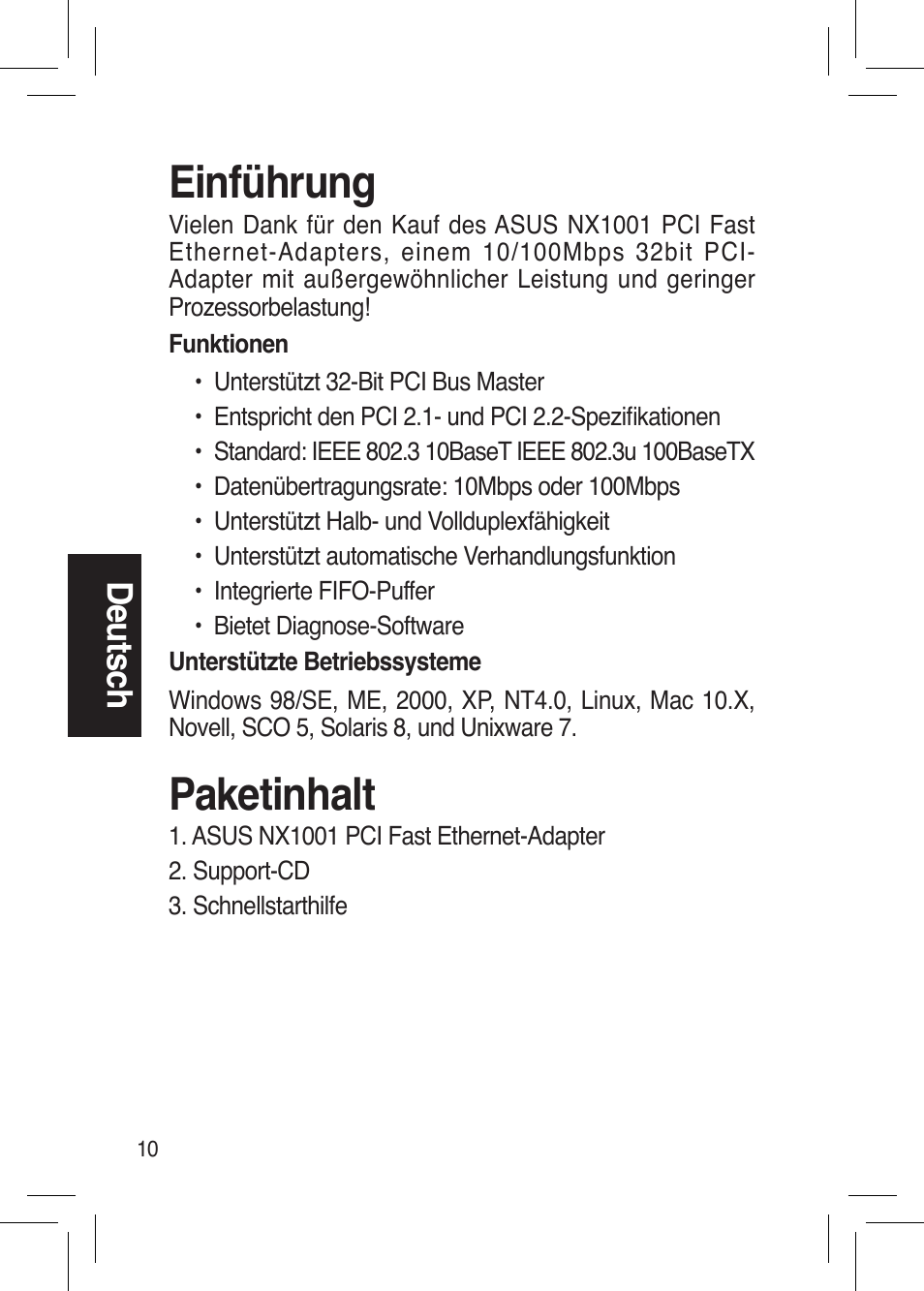 Einführung, Paketinhalt, De uts ch | Asus NX1001 User Manual | Page 10 / 44
