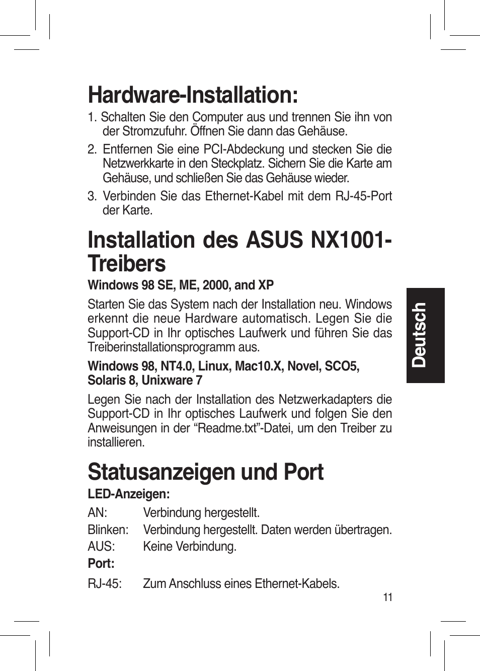 Hardware-installation, Installation des asus nx1001- treibers, Statusanzeigen und port | De ut sc h | Asus NX1001 User Manual | Page 11 / 44