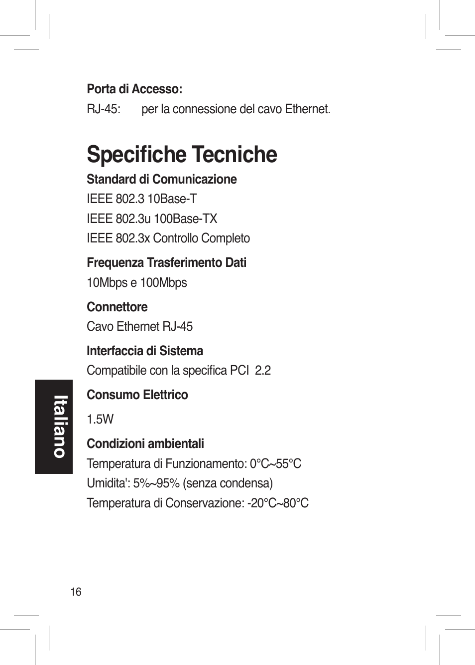 Specifiche tecniche, Italiano | Asus NX1001 User Manual | Page 16 / 44