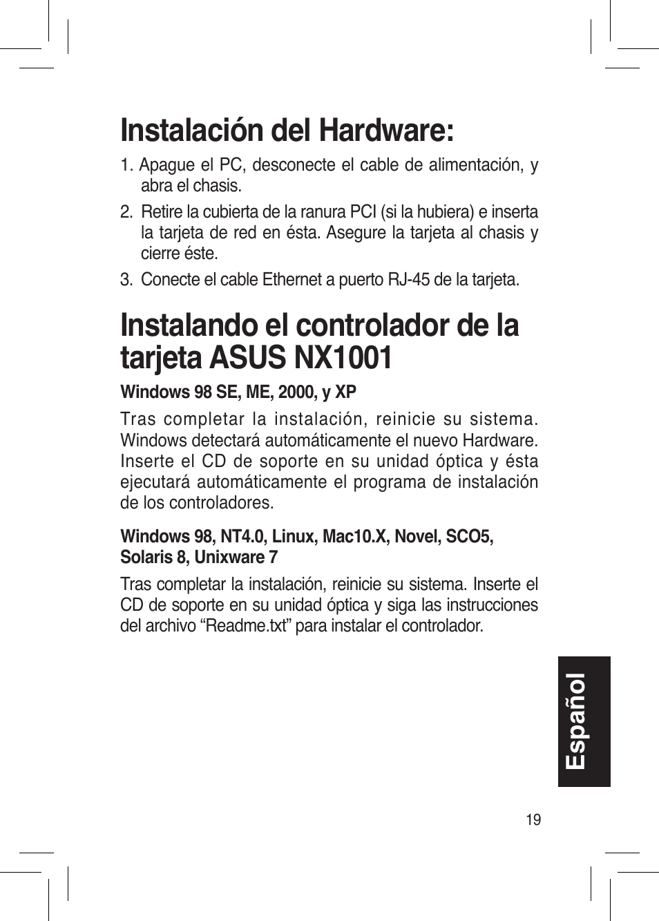 Instalación del hardware, Español | Asus NX1001 User Manual | Page 19 / 44