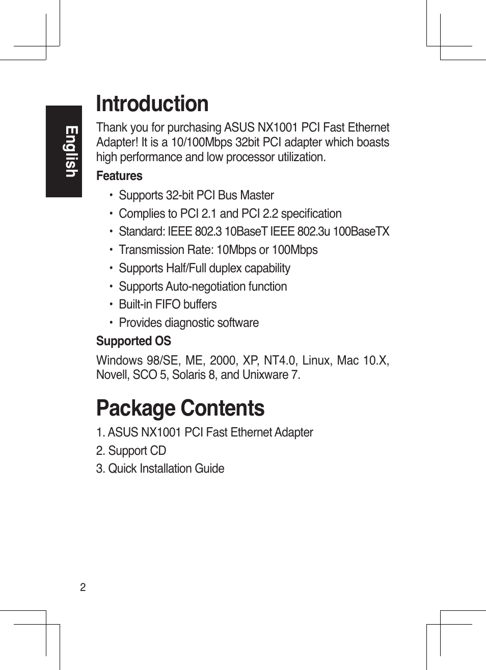 Introduction, Package contents, English | Asus NX1001 User Manual | Page 2 / 44