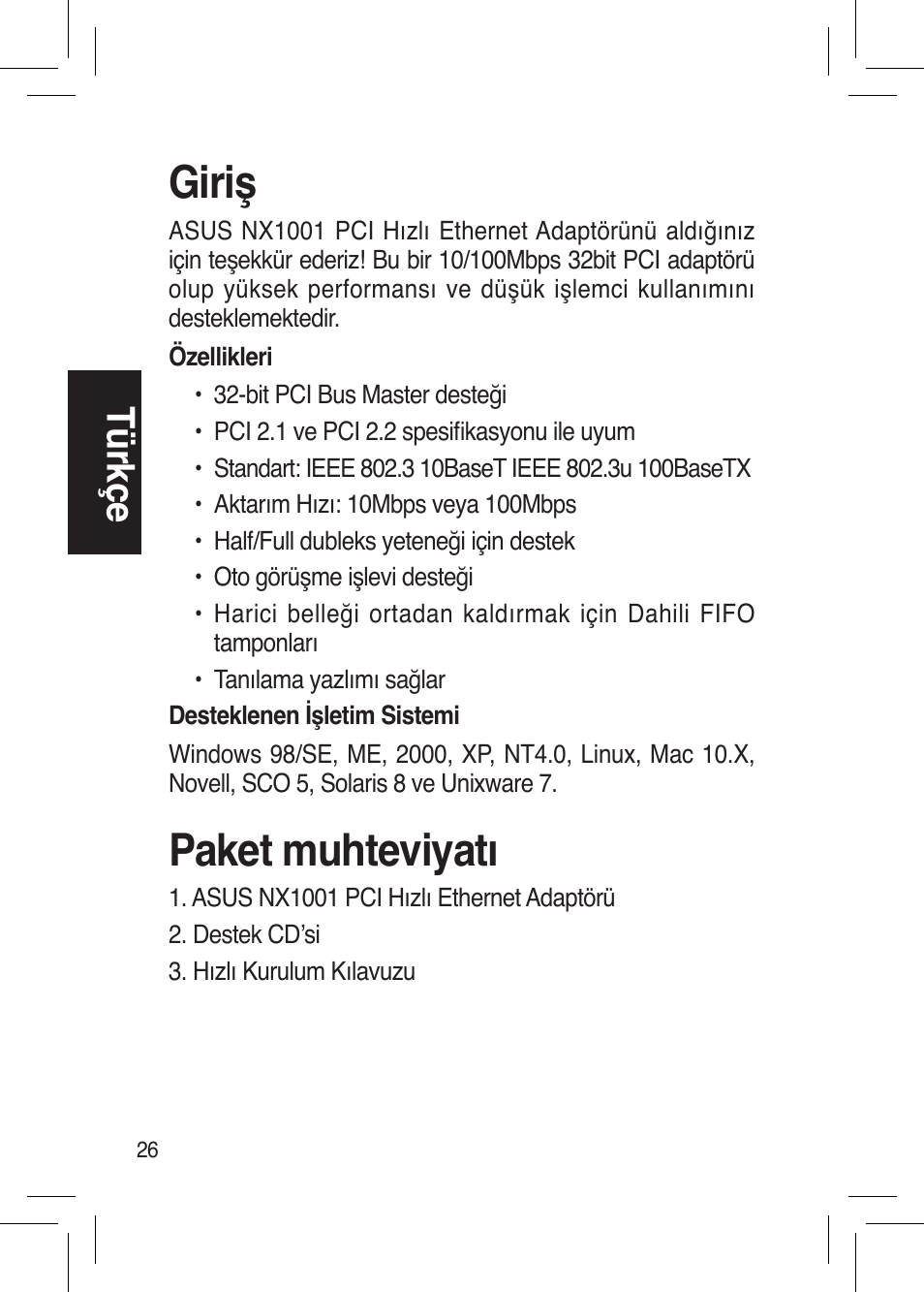 Giriş, Paket muhteviyatı, Tü rkç e | Asus NX1001 User Manual | Page 26 / 44