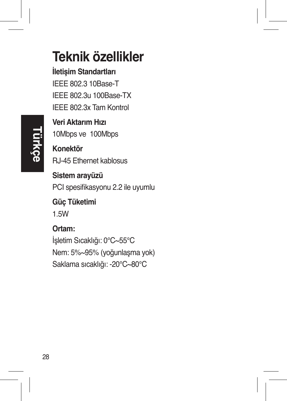 Teknik özellikler, Tü rkç e | Asus NX1001 User Manual | Page 28 / 44