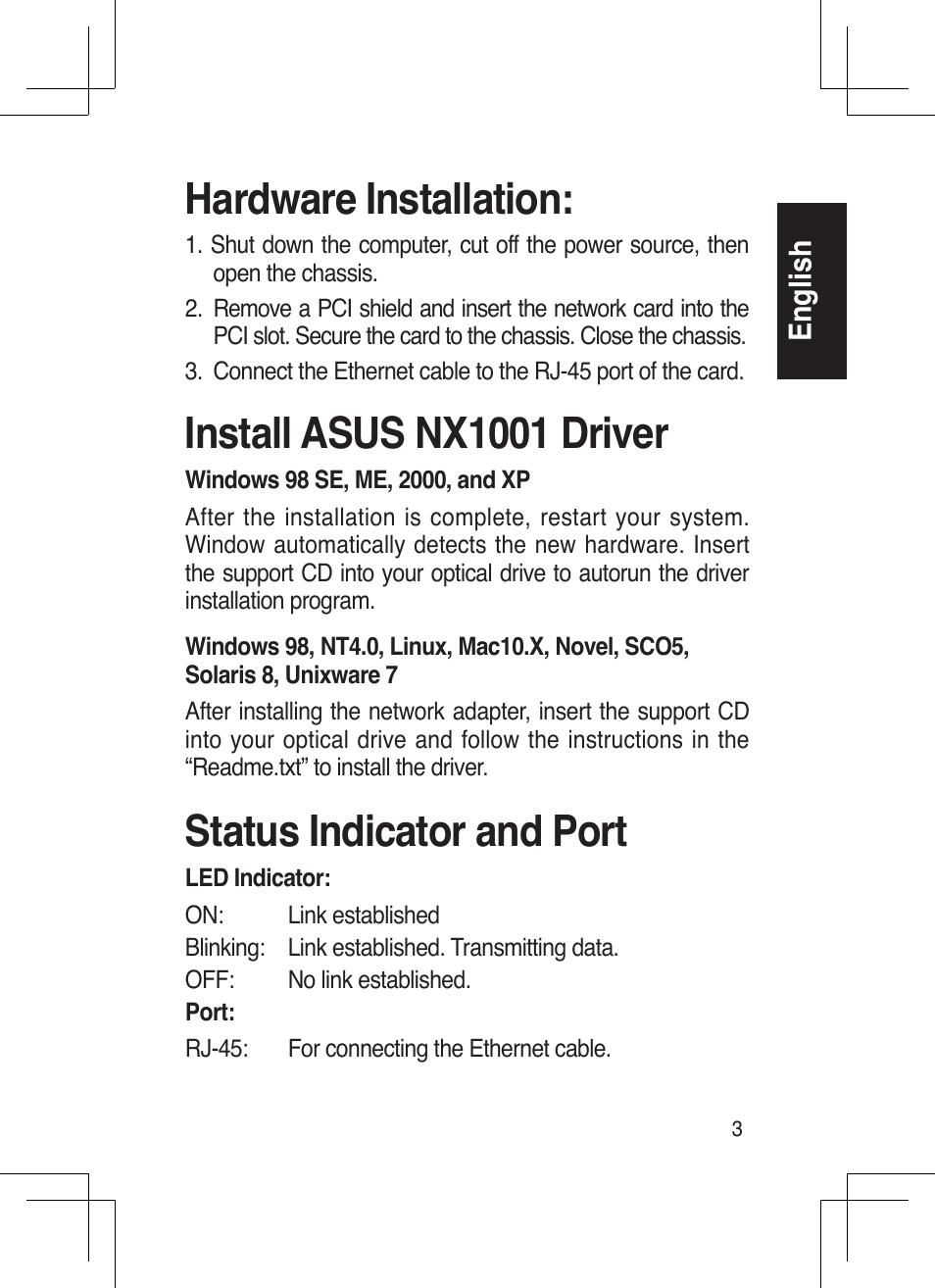 Hardware installation, Install asus nx1001 driver, Status indicator and port | English | Asus NX1001 User Manual | Page 3 / 44