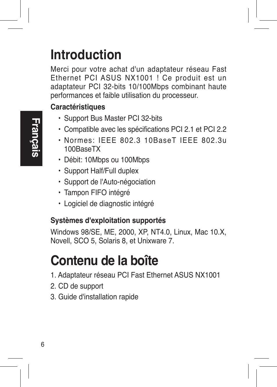 Introduction, Contenu de la boîte, Fra nç ais | Asus NX1001 User Manual | Page 6 / 44