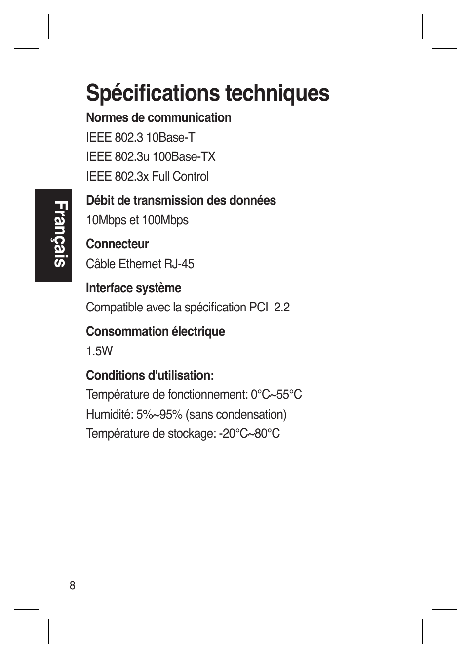 Spéciﬁcations techniques | Asus NX1001 User Manual | Page 8 / 44