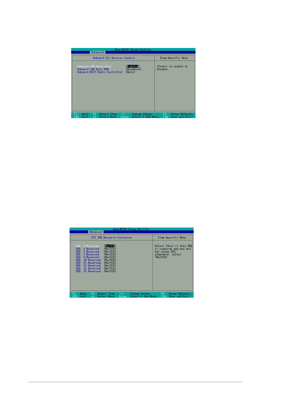 1 onboard pci devices control, 2 pci irq resource exclusion | Asus A7S266-VM/U2 User Manual | Page 50 / 60