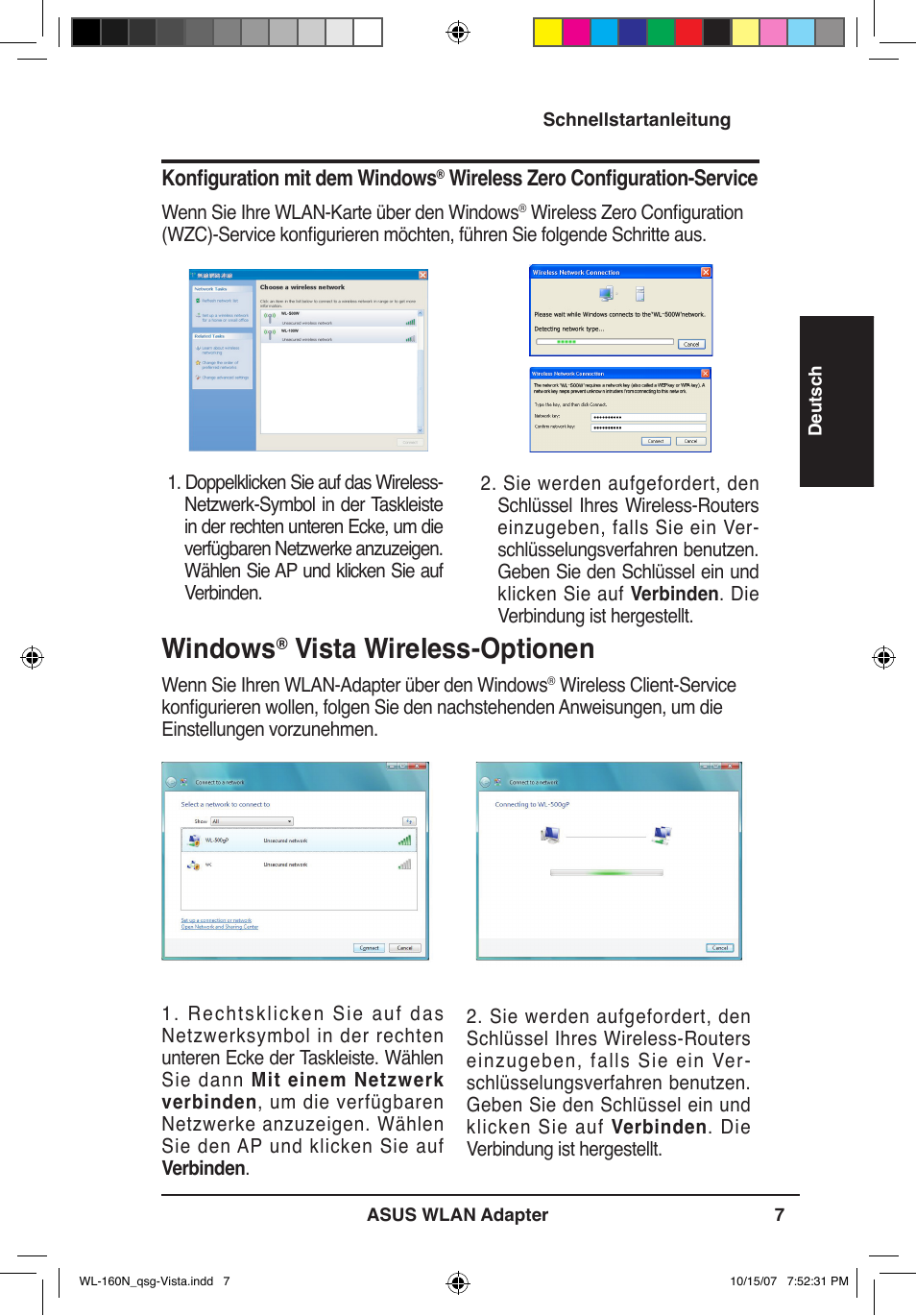 Windows, Vista wireless-optionen, Konfiguration mit dem windows | Wireless zero configuration-service | Asus WL-160N User Manual | Page 10 / 80