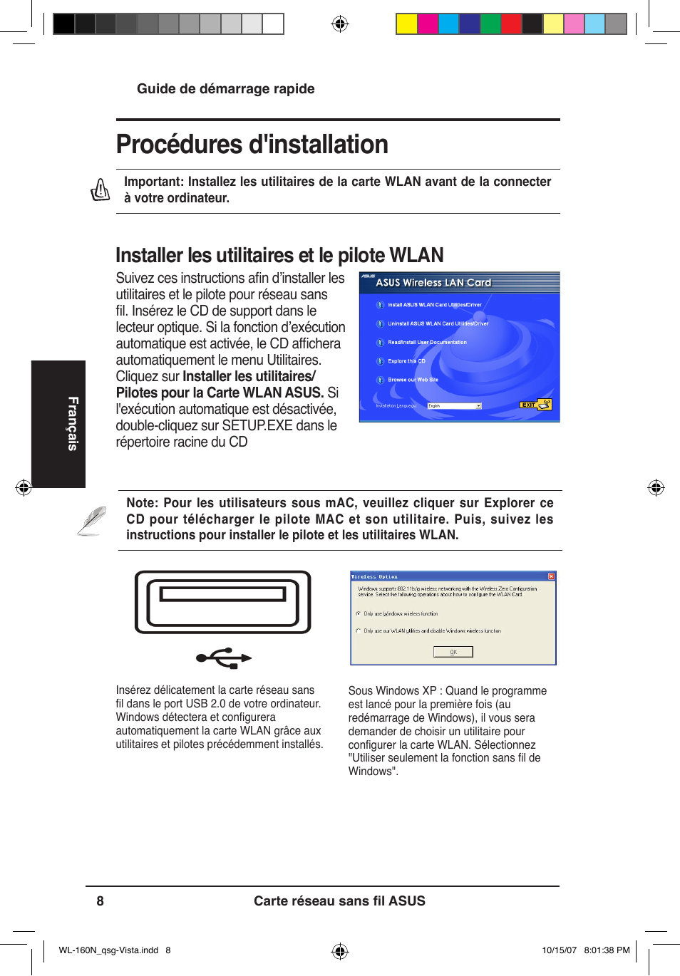 Procédures d'installation, Installer les utilitaires et le pilote wlan | Asus WL-160N User Manual | Page 11 / 80