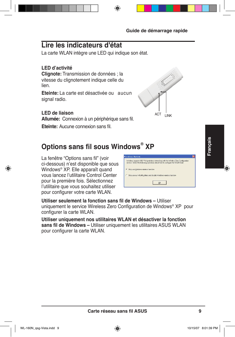 Options sans fil sous windows, Lire les indicateurs d'état | Asus WL-160N User Manual | Page 12 / 80