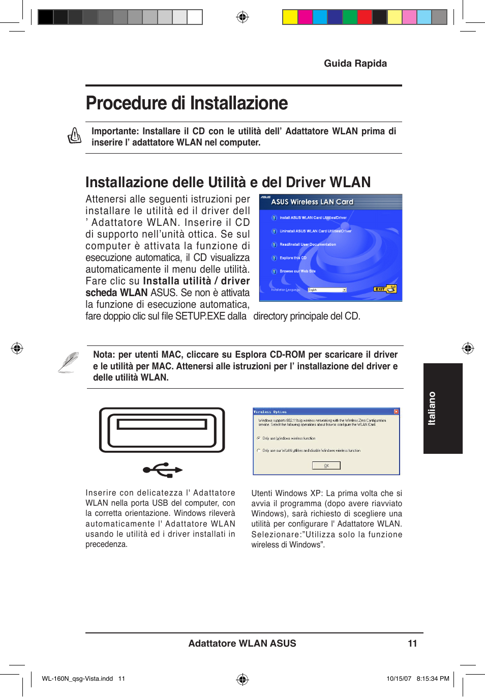 Procedure di installazione, Installazione delle utilità e del driver wlan | Asus WL-160N User Manual | Page 14 / 80