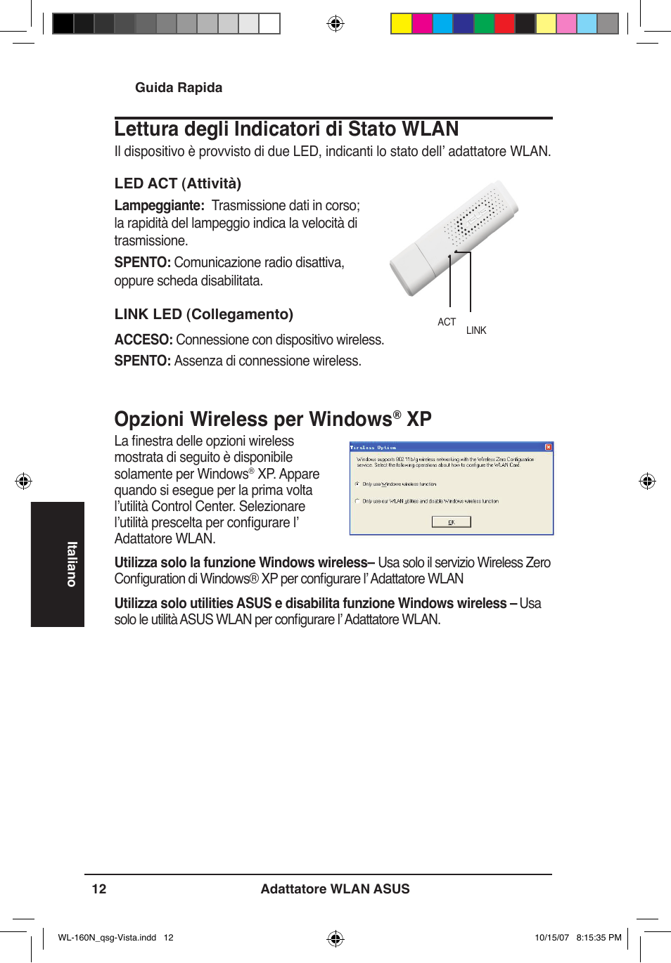 Opzioni wireless per windows, Lettura degli indicatori di stato wlan | Asus WL-160N User Manual | Page 15 / 80