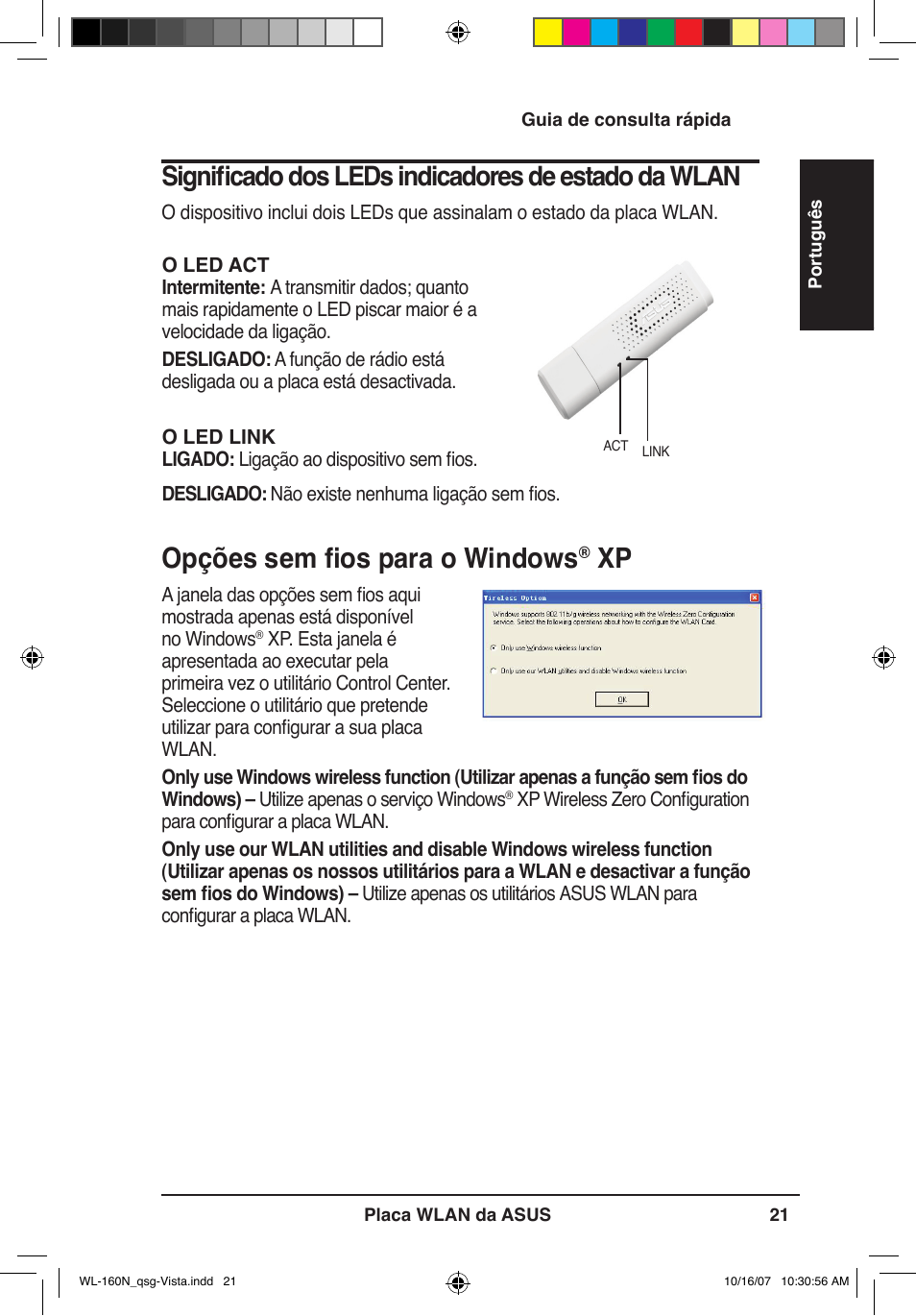 Opções sem fios para o windows, Significado dos leds indicadores de estado da wlan | Asus WL-160N User Manual | Page 24 / 80