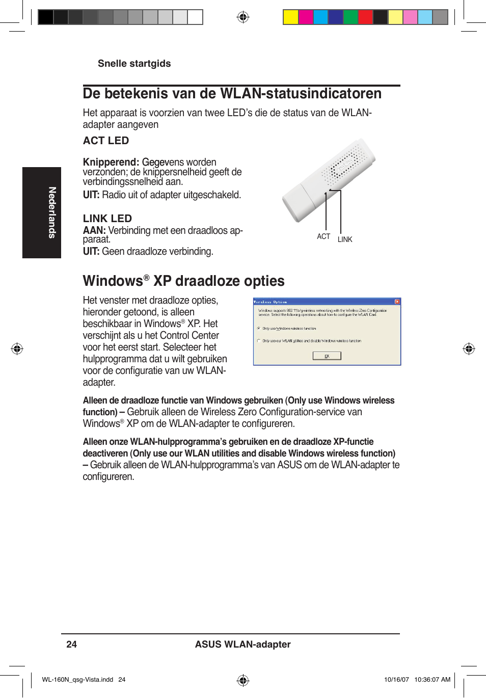 Windows, Xp draadloze opties, De betekenis van de wlan-statusindicatoren | Asus WL-160N User Manual | Page 27 / 80