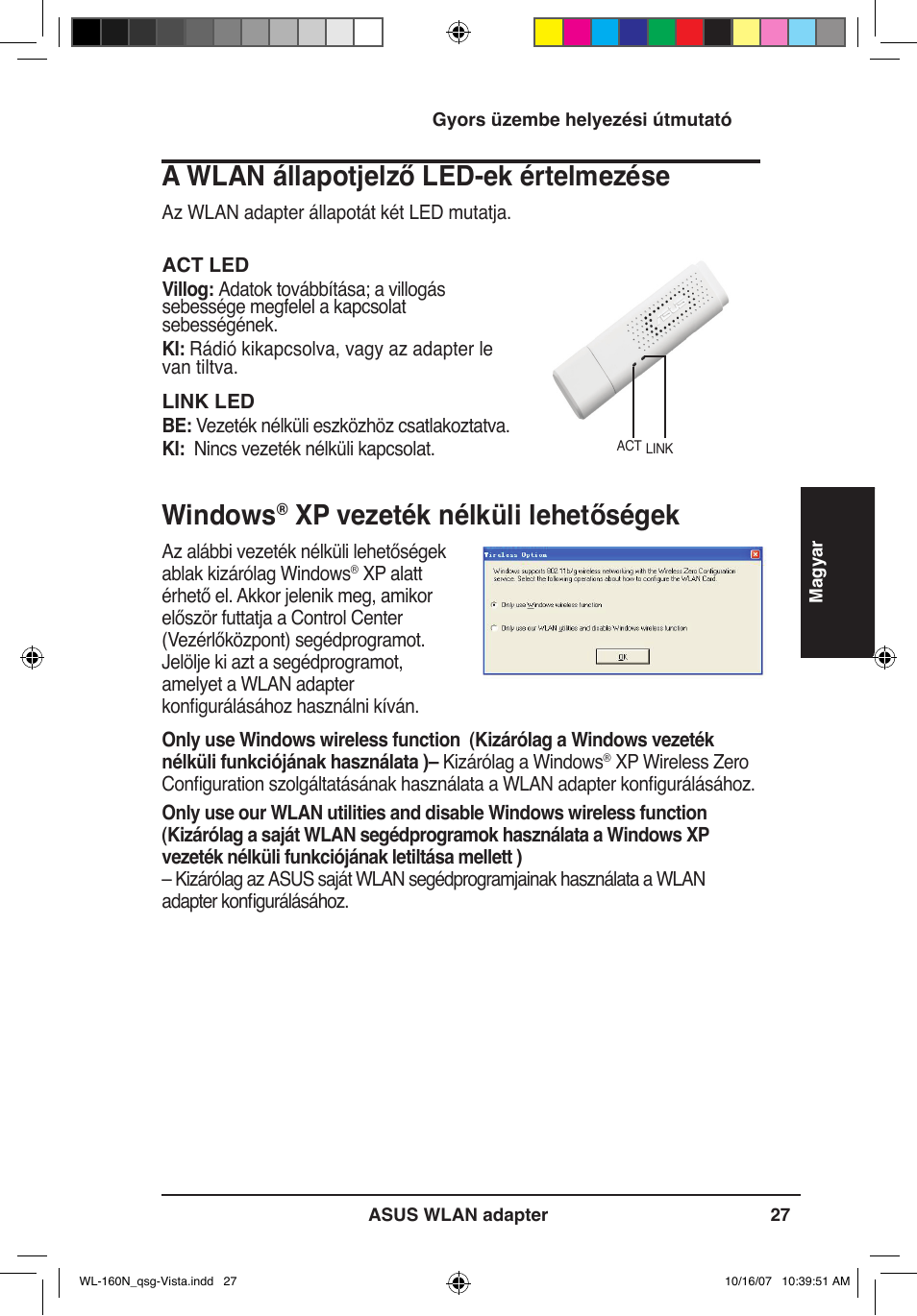 Windows, Xp vezeték nélküli lehetőségek, A wlan állapotjelző led-ek értelmezése | Asus WL-160N User Manual | Page 30 / 80