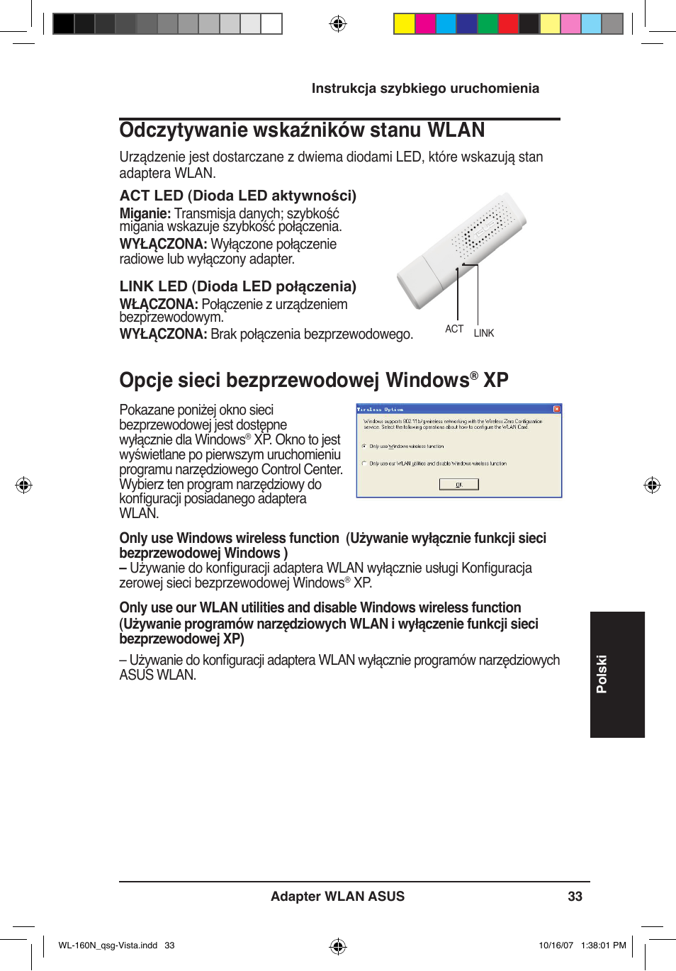 Opcje sieci bezprzewodowej windows, Odczytywanie wskaźników stanu wlan | Asus WL-160N User Manual | Page 36 / 80