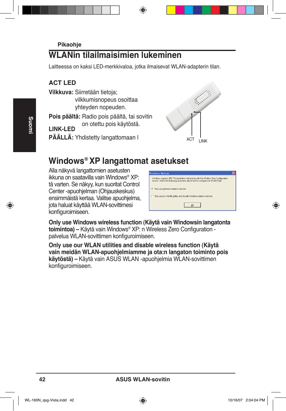 Windows, Xp langattomat asetukset, Wlanin tilailmaisimien lukeminen | Asus WL-160N User Manual | Page 45 / 80