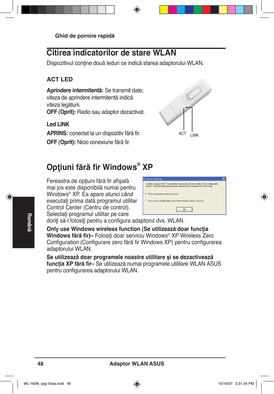 Opţiuni fără fir windows, Citirea indicatorilor de stare wlan | Asus WL-160N User Manual | Page 51 / 80