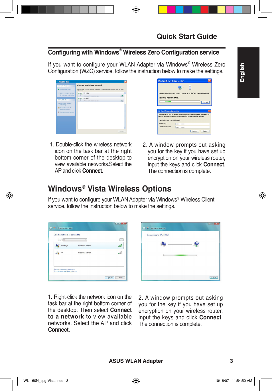 Windows, Vista wireless options, Quick start guide | Configuring with windows, Wireless zero configuration service | Asus WL-160N User Manual | Page 6 / 80