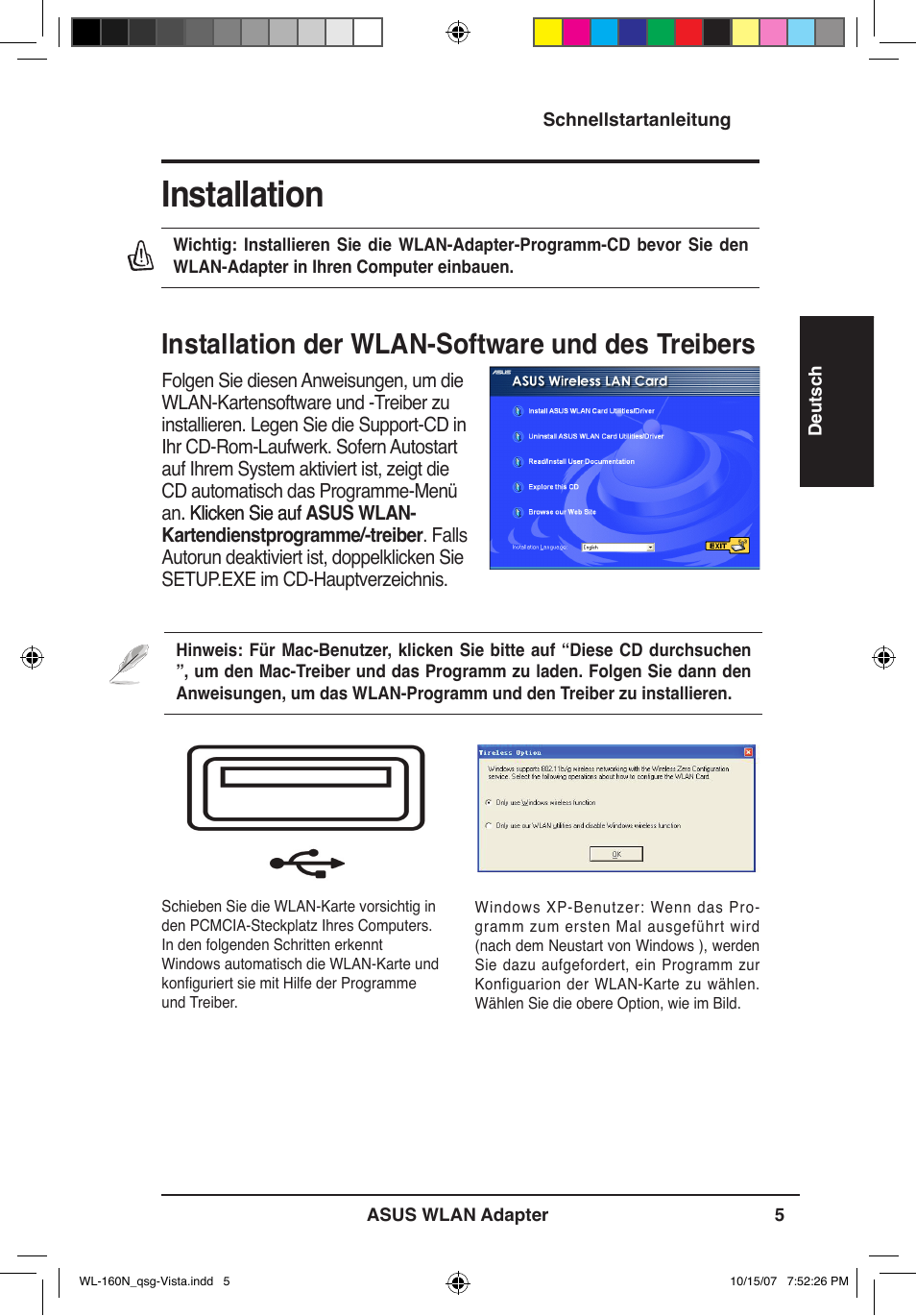 Installation, Installation der wlan-software und des treibers | Asus WL-160N User Manual | Page 8 / 80