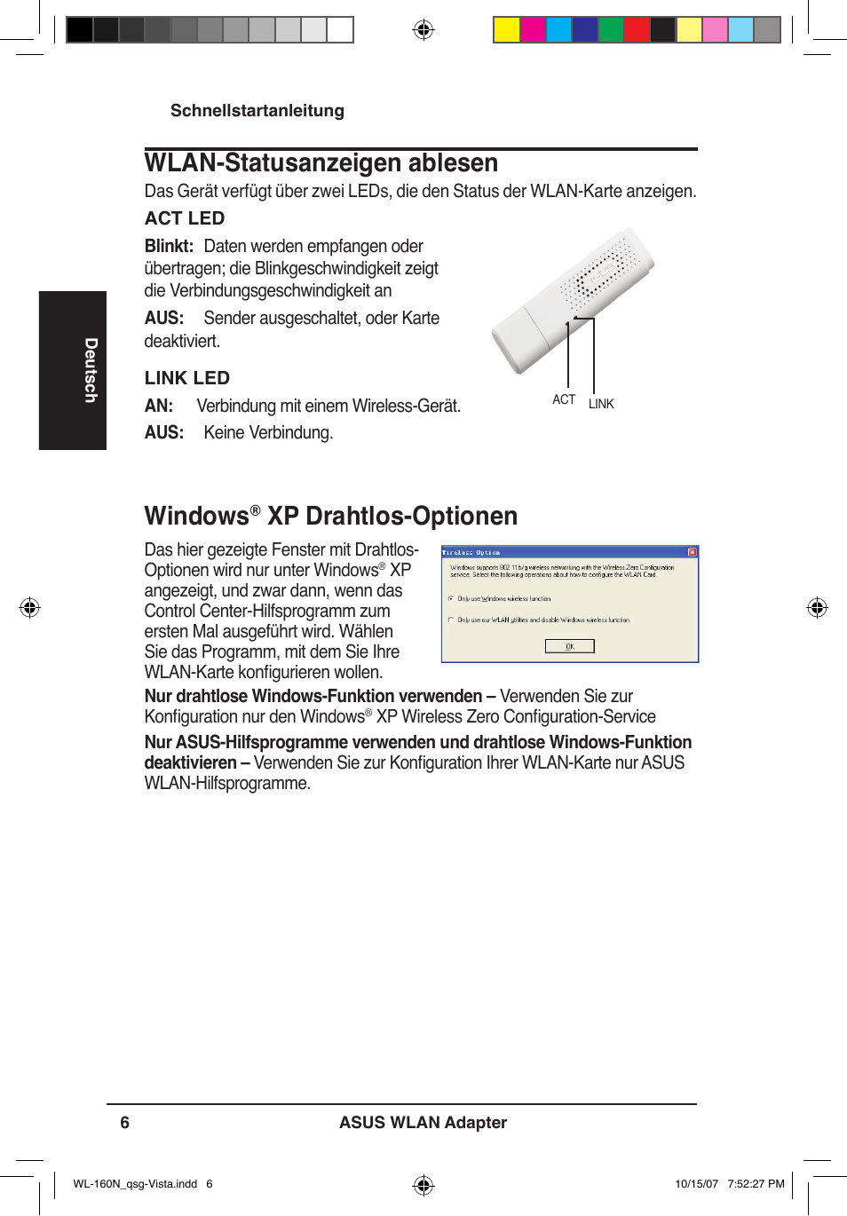 Windows, Xp drahtlos-optionen, Wlan-statusanzeigen ablesen | Asus WL-160N User Manual | Page 9 / 80