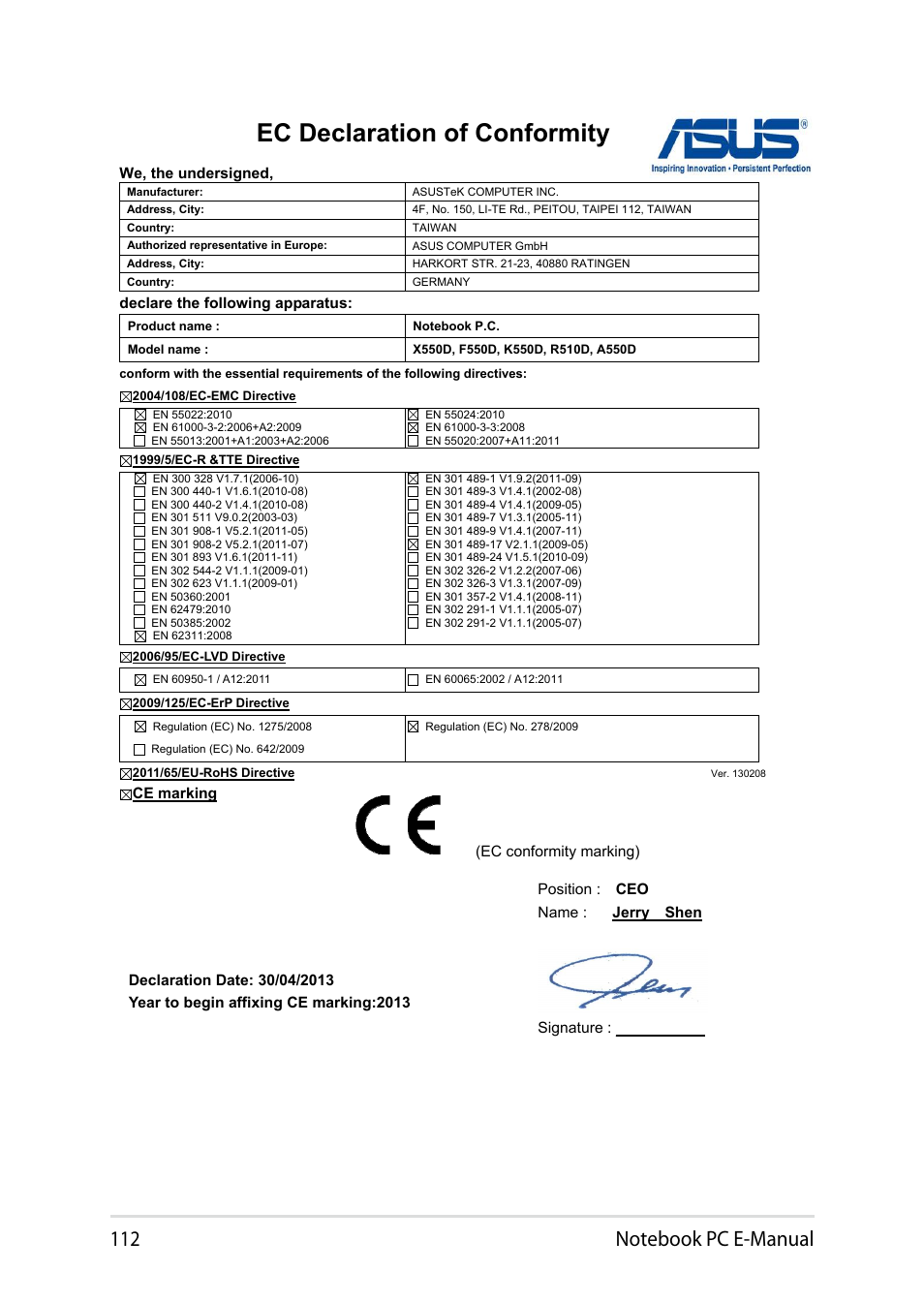 Ec declaration of conformity | Asus X750LB User Manual | Page 112 / 114