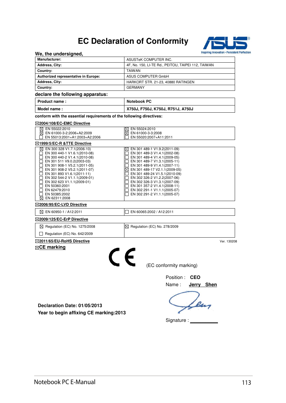 Ec declaration of conformity | Asus X750LB User Manual | Page 113 / 114