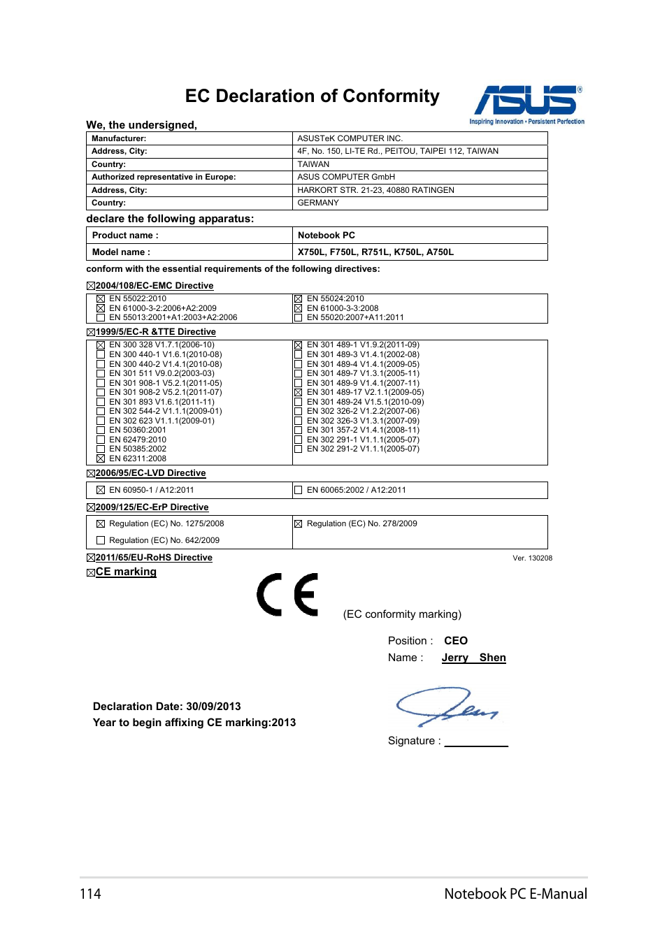 Ec declaration of conformity | Asus X750LB User Manual | Page 114 / 114