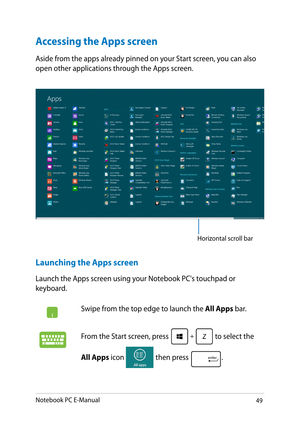 Accessing the apps screen | Asus X750LB User Manual | Page 49 / 114