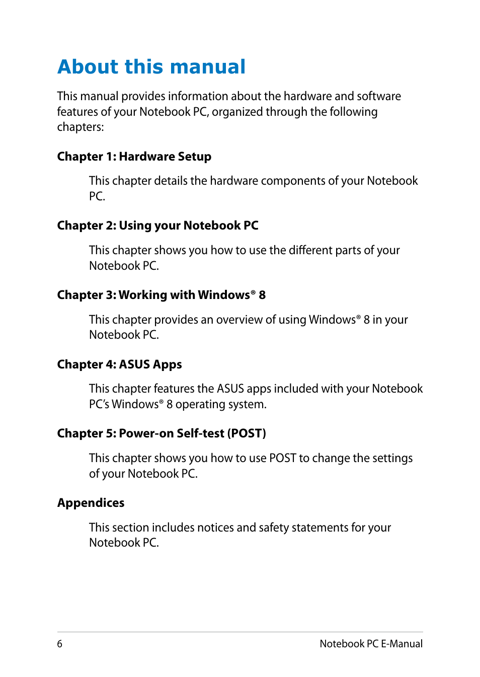 About this manual | Asus X750LB User Manual | Page 6 / 114