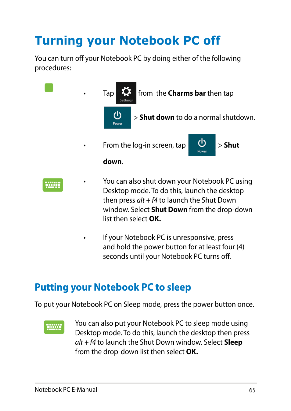 Turning your notebook pc off, Putting your notebook pc to sleep | Asus X750LB User Manual | Page 65 / 114