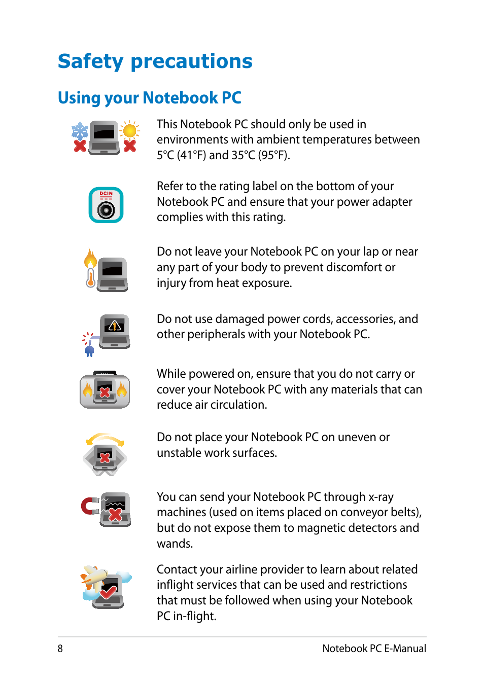Safety precautions, Using your notebook pc | Asus X750LB User Manual | Page 8 / 114