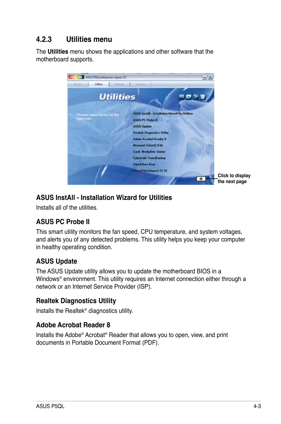 3 utilities menu, Utilities menu -3, Asus install - installation wizard for utilities | Asus pc probe ii, Asus update, Realtek diagnostics utility, Adobe acrobat reader 8 | Asus P5QL User Manual | Page 103 / 136