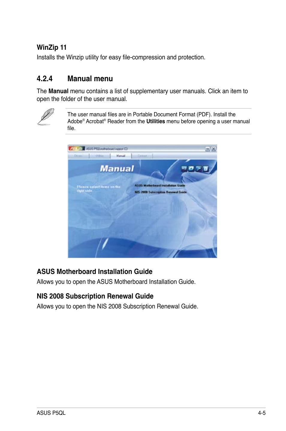 4 manual menu, Manual menu -5, Winzip 11 | Asus motherboard installation guide, Nis 2008 subscription renewal guide | Asus P5QL User Manual | Page 105 / 136