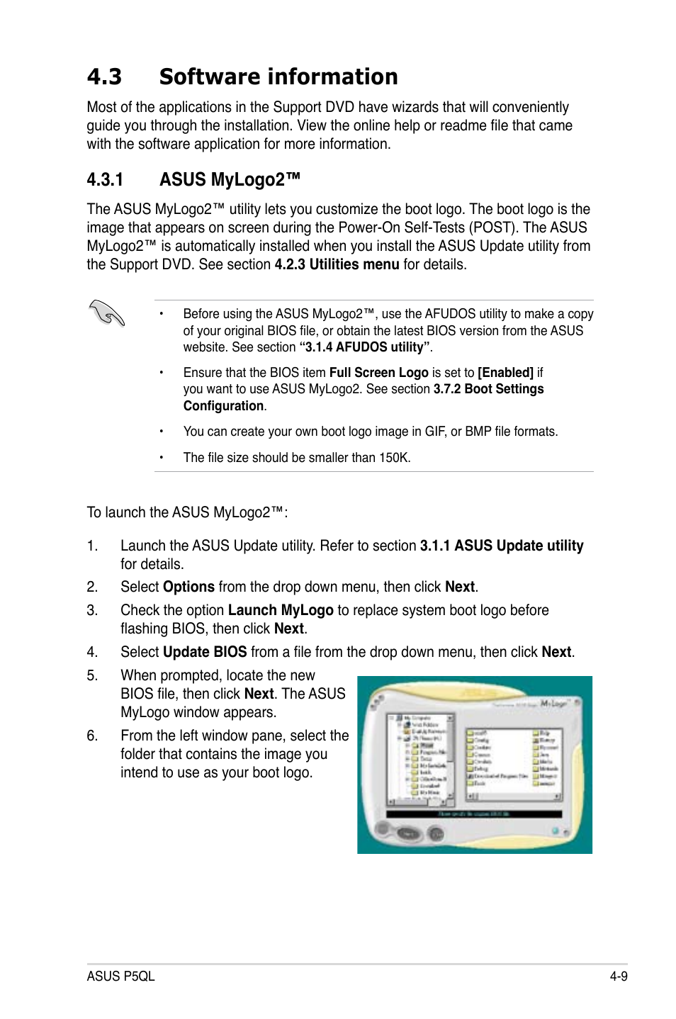 3 software information, 1 asus mylogo2, Software information -9 4.3.1 | Asus mylogo2™ -9 | Asus P5QL User Manual | Page 109 / 136