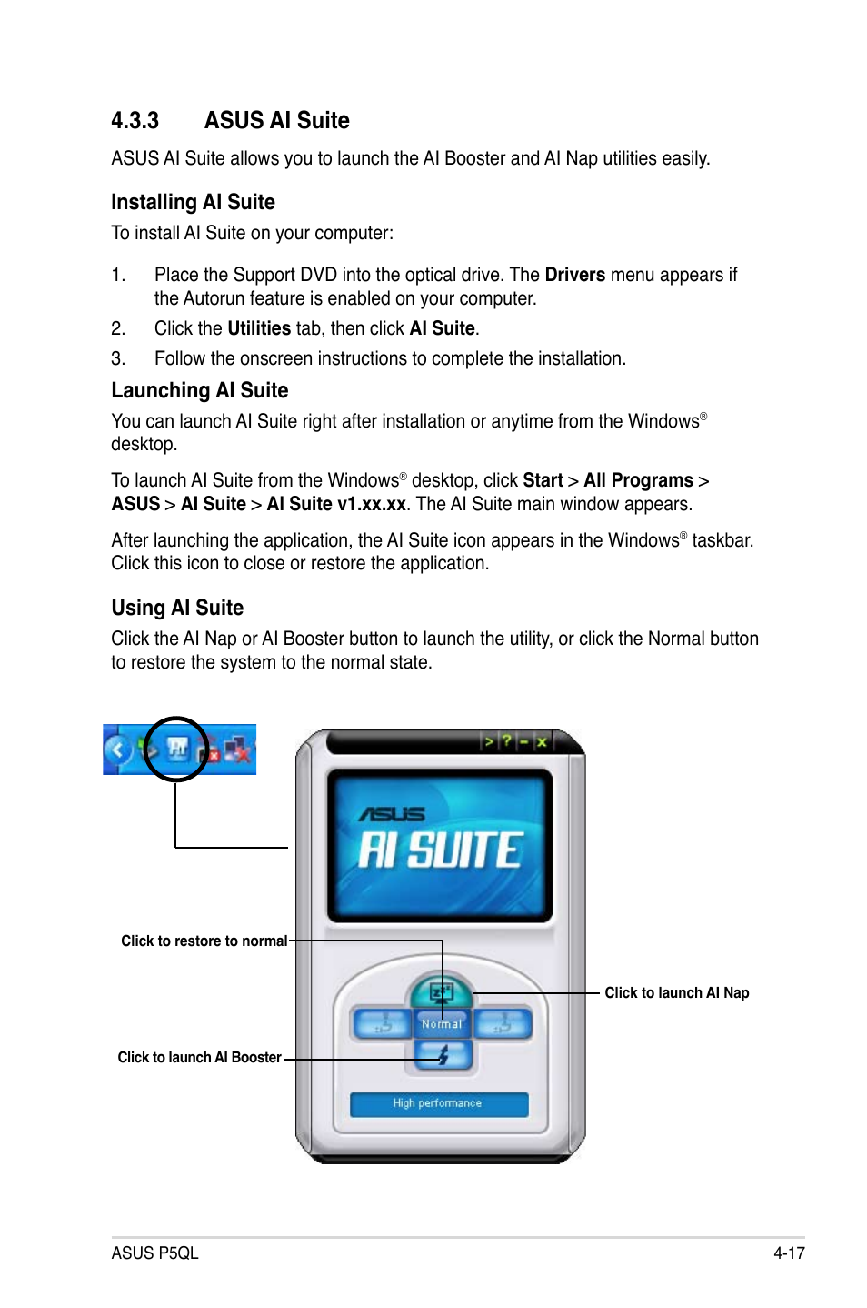 3 asus ai suite, Asus ai suite -17, Installing ai suite | Launching ai suite, Using ai suite | Asus P5QL User Manual | Page 117 / 136