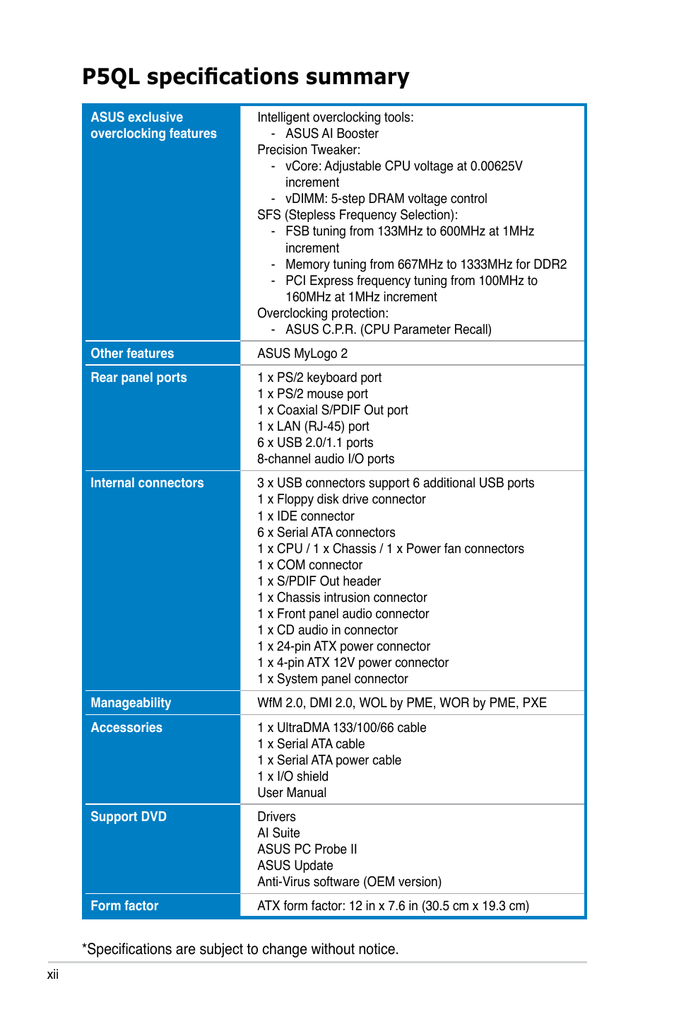 P5ql specifications summary | Asus P5QL User Manual | Page 12 / 136