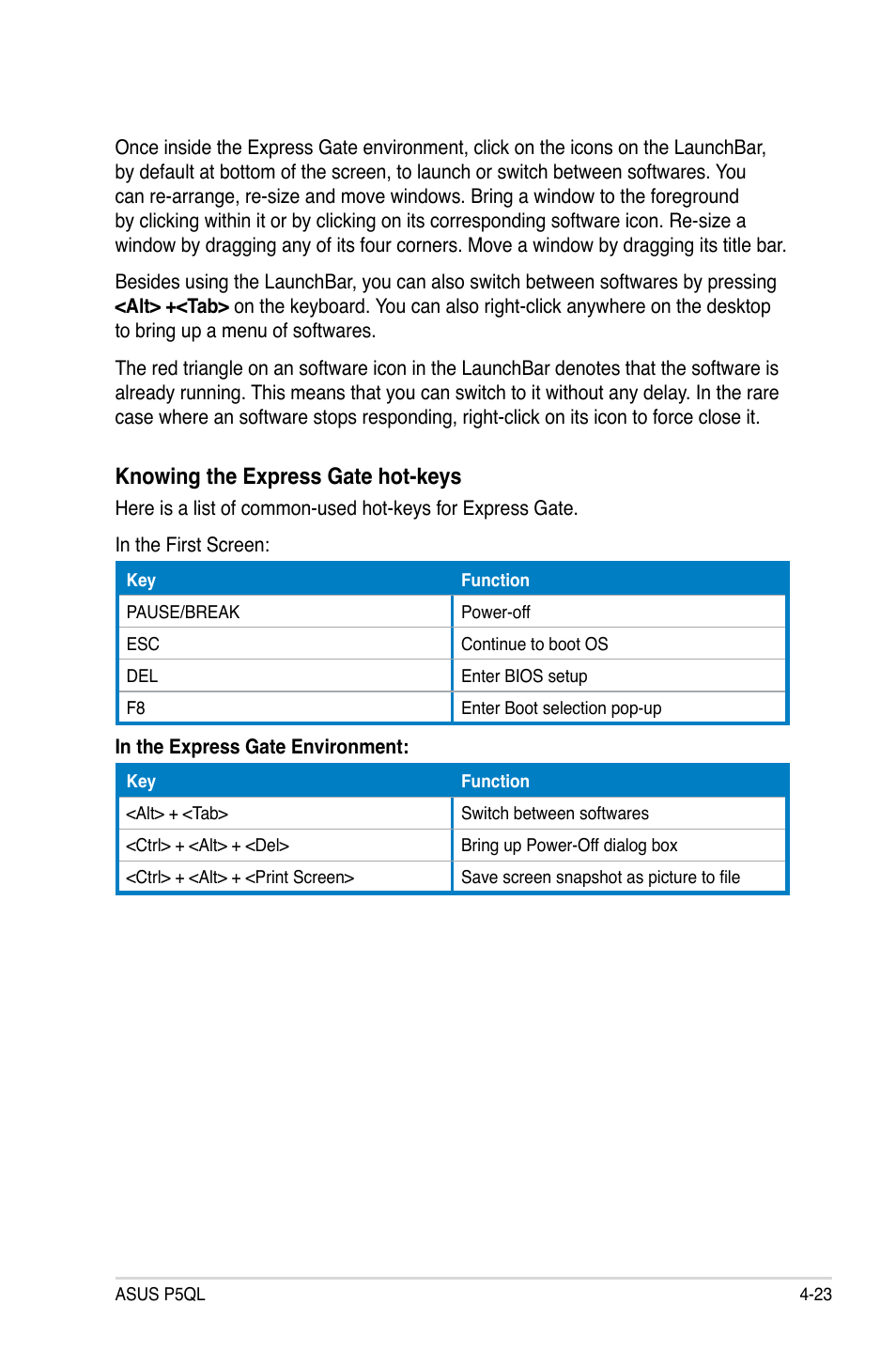 Knowing the express gate hot-keys | Asus P5QL User Manual | Page 123 / 136