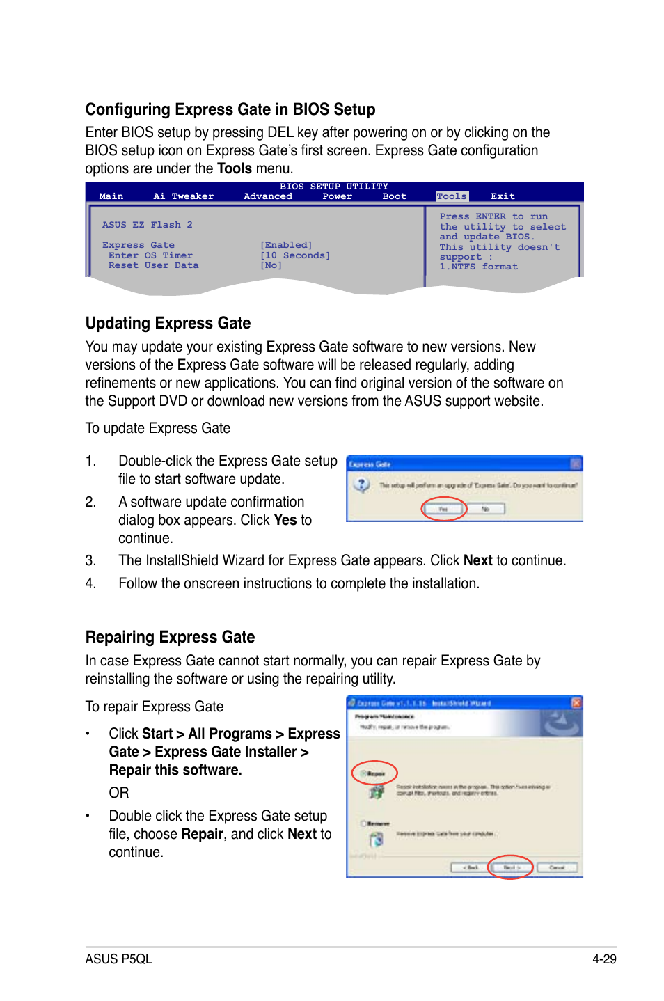 Configuring express gate in bios setup, Updating express gate, Repairing express gate | Asus P5QL User Manual | Page 129 / 136