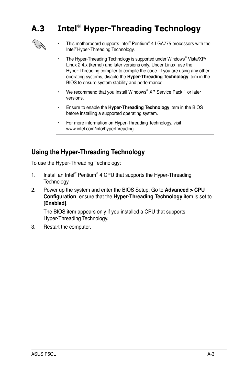 A.3 intel® hyper-threading technology, Using the hyper-threading technology, Intel | A.3 intel, Hyper-threading technology | Asus P5QL User Manual | Page 135 / 136