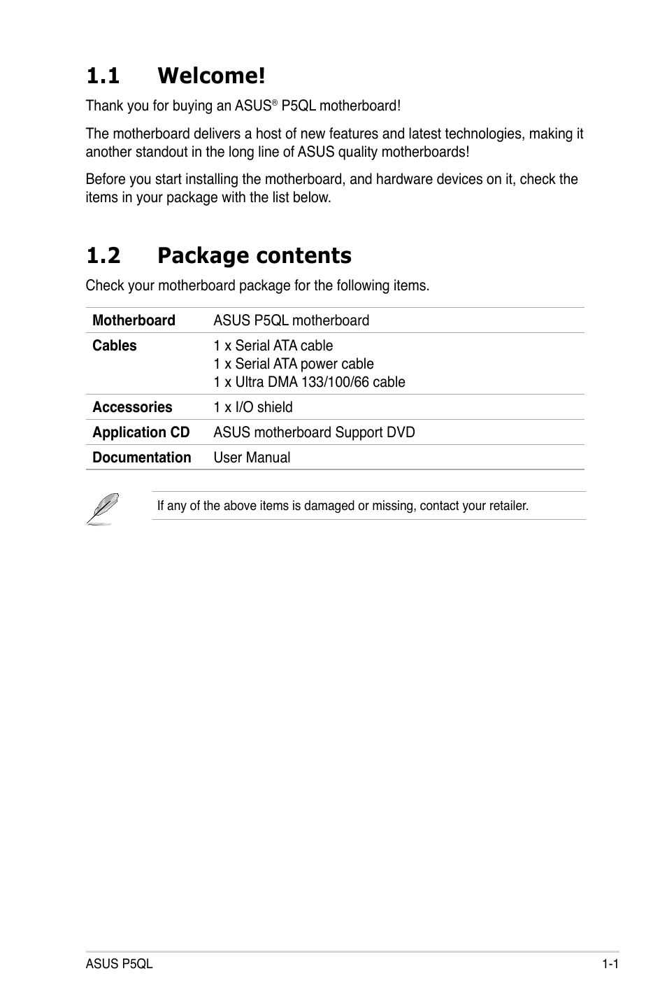 1 welcome, 2 package contents, Welcome! -1 | Package contents -1 | Asus P5QL User Manual | Page 15 / 136