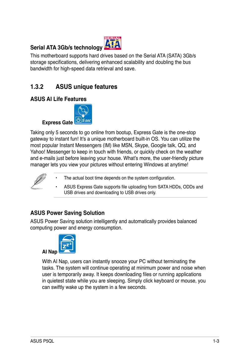 2 asus unique features, Asus unique features -3 | Asus P5QL User Manual | Page 17 / 136