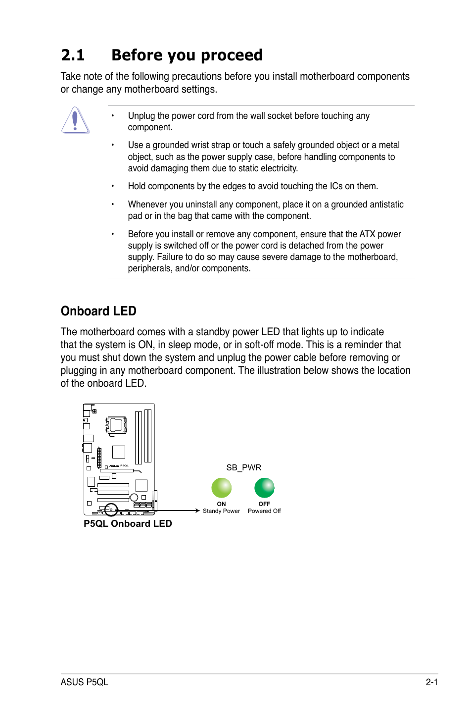 1 before you proceed, Before you proceed -1, Onboard led | Asus P5QL User Manual | Page 23 / 136